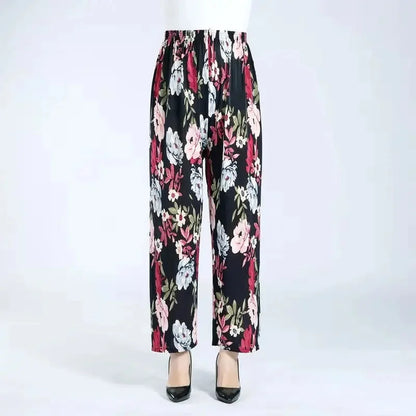 Summer Loose Ice Silk Women's Pants Elastic Waist Casual Bottoming Trousers Large Size Floral Print Comfortable Mom Pants