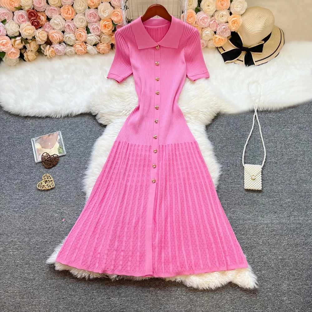 YuooMuoo Brand Fashion Elegant Patchwork Knitted Long Dress Spring Summer Women Luxury Shirt Sweater Dress Lady Party Vestido