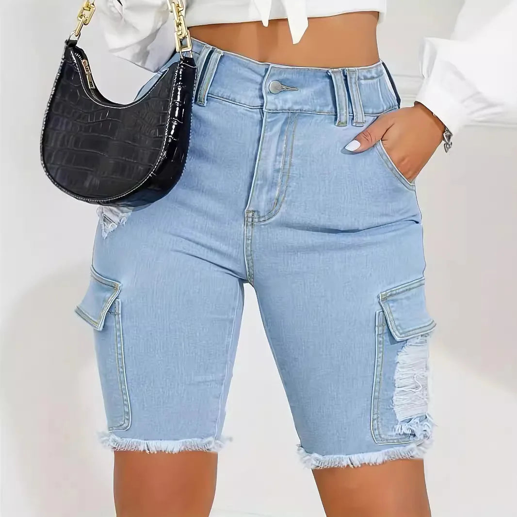 Ripped Distressed Denim Shorts Women Knee Length Shorts Holes Zipper Fly Mom Jeans Pockets Casual High Waist Spliced Summer