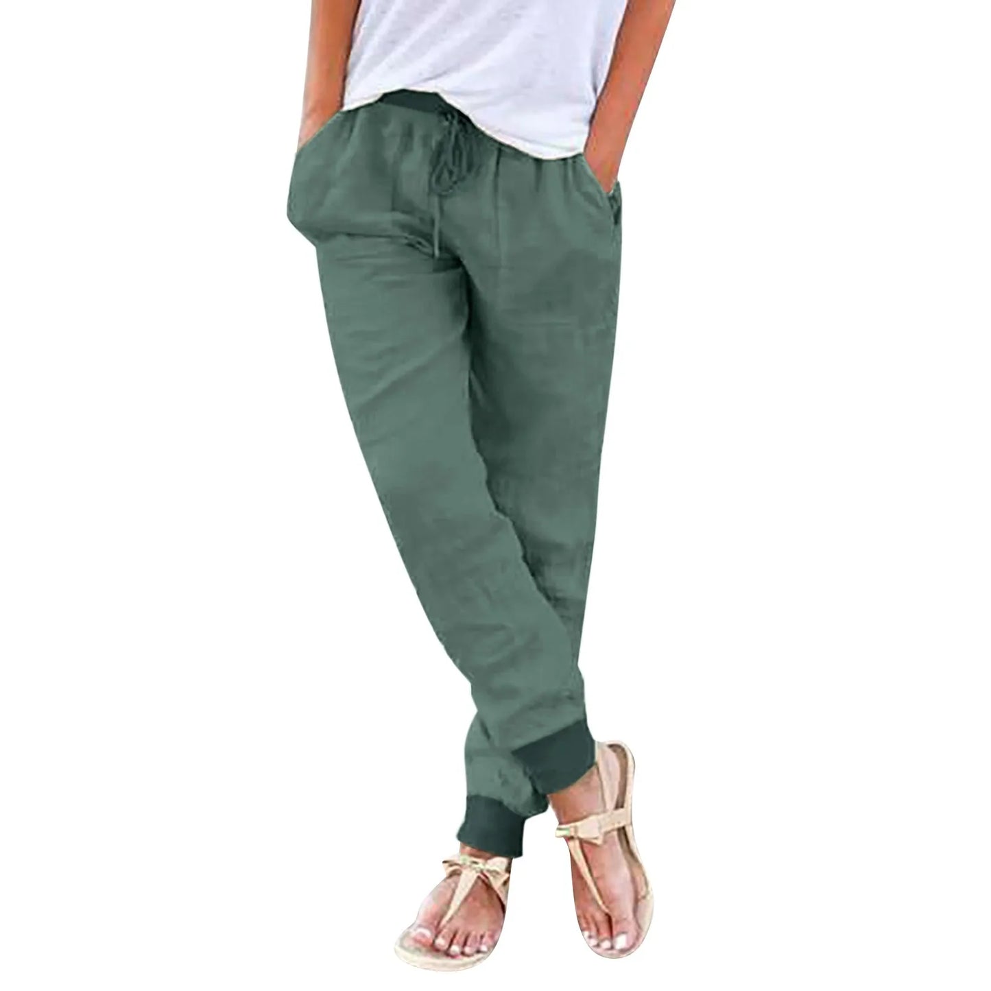 Casual Cotton Linen Pants For Women Drawstring Back Elastic Waist Casual Pants With Pockets Plus Size Solid Color Harem Trousers