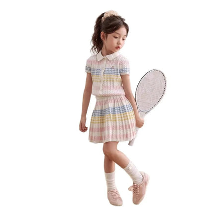 Girls Summer Dress Children's Stripe Short Sleeve Princess Skirt Set Casual Thin Material New 2025 Fashionable Kids Outfit