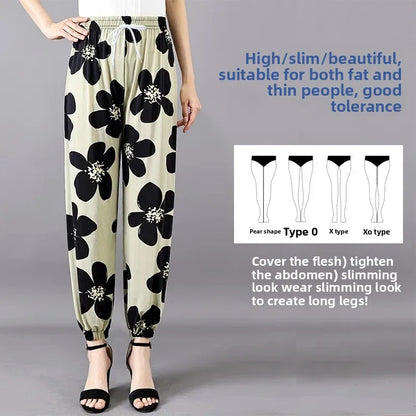 Summer Loose Ice Silk Women's Pants Elastic Waist Casual Bottoming Trousers Large Size Floral Print Comfortable Mom Pants