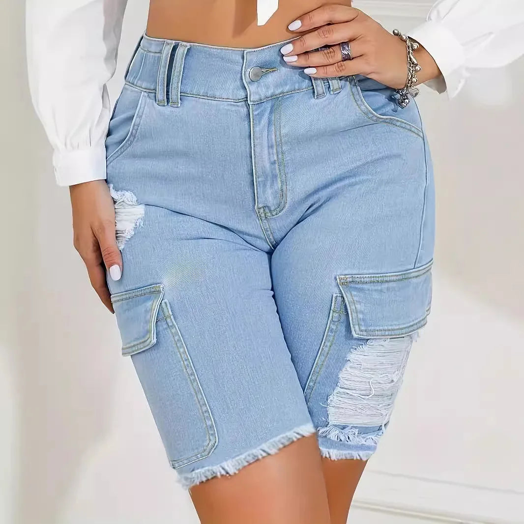Ripped Distressed Denim Shorts Women Knee Length Shorts Holes Zipper Fly Mom Jeans Pockets Casual High Waist Spliced Summer