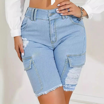 Ripped Distressed Denim Shorts Women Knee Length Shorts Holes Zipper Fly Mom Jeans Pockets Casual High Waist Spliced Summer