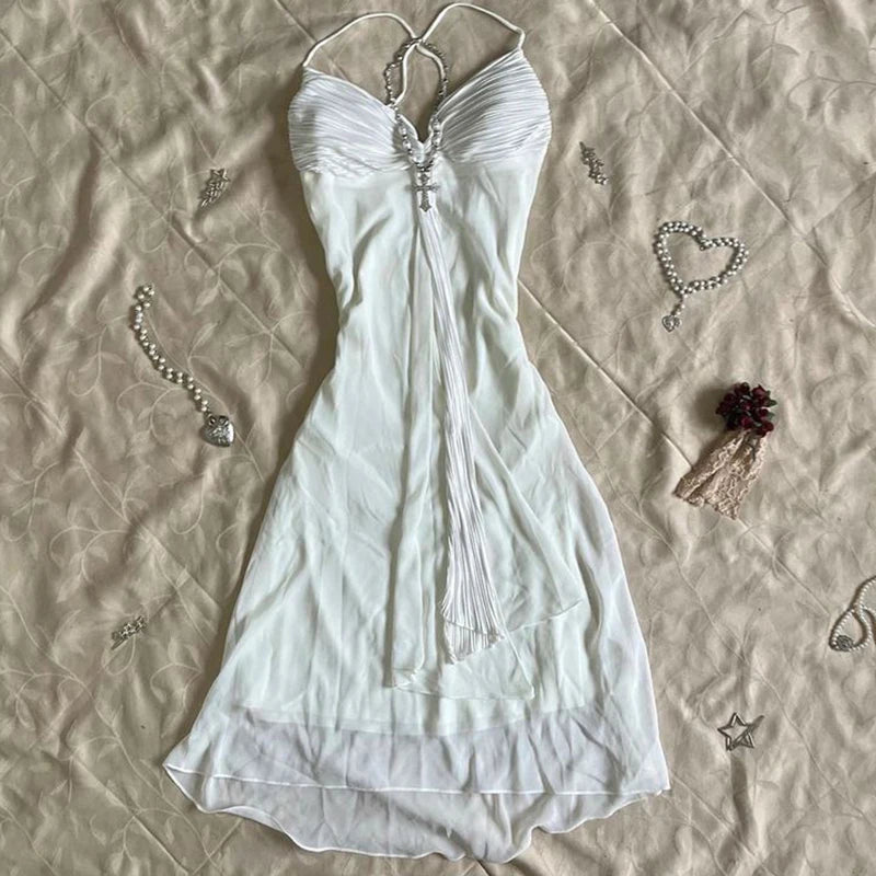 Harajuku Retro Y2K E-Girl Casual Dress Sexy Slim Chic Graphic Print Lace-Up Halter Neck Dresses Goth Grunge Fairycore Streetwear