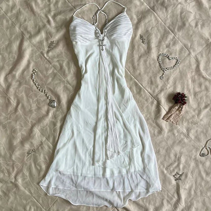 Harajuku Retro Y2K E-Girl Casual Dress Sexy Slim Chic Graphic Print Lace-Up Halter Neck Dresses Goth Grunge Fairycore Streetwear