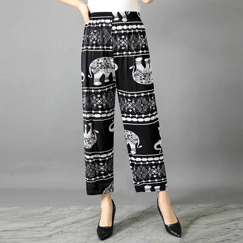 Summer Loose Ice Silk Women's Pants Elastic Waist Casual Bottoming Trousers Large Size Floral Print Comfortable Mom Pants