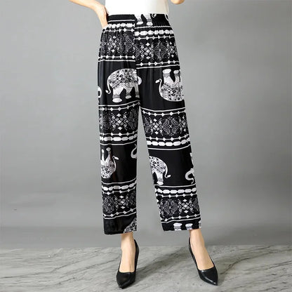 Summer Loose Ice Silk Women's Pants Elastic Waist Casual Bottoming Trousers Large Size Floral Print Comfortable Mom Pants