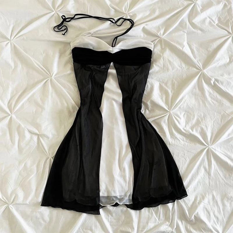 Harajuku Retro Y2K E-Girl Casual Dress Sexy Slim Chic Graphic Print Lace-Up Halter Neck Dresses Goth Grunge Fairycore Streetwear