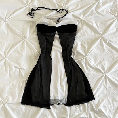 Harajuku Retro Y2K E-Girl Casual Dress Sexy Slim Chic Graphic Print Lace-Up Halter Neck Dresses Goth Grunge Fairycore Streetwear