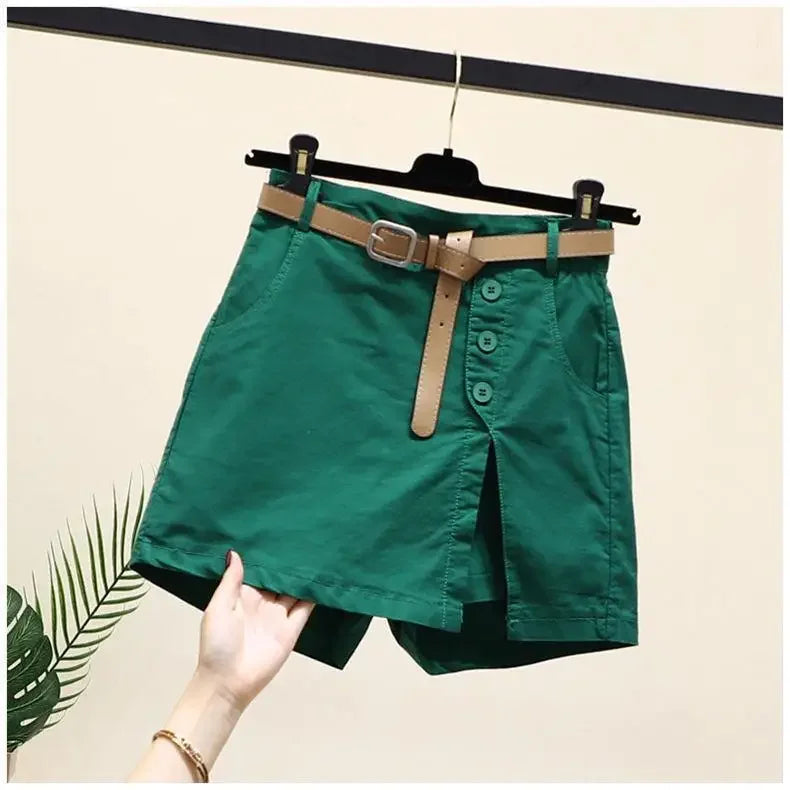 Shorts Women 2025 New belt cotton summer solid color button high-waisted double-deck Women's Shorts clothing