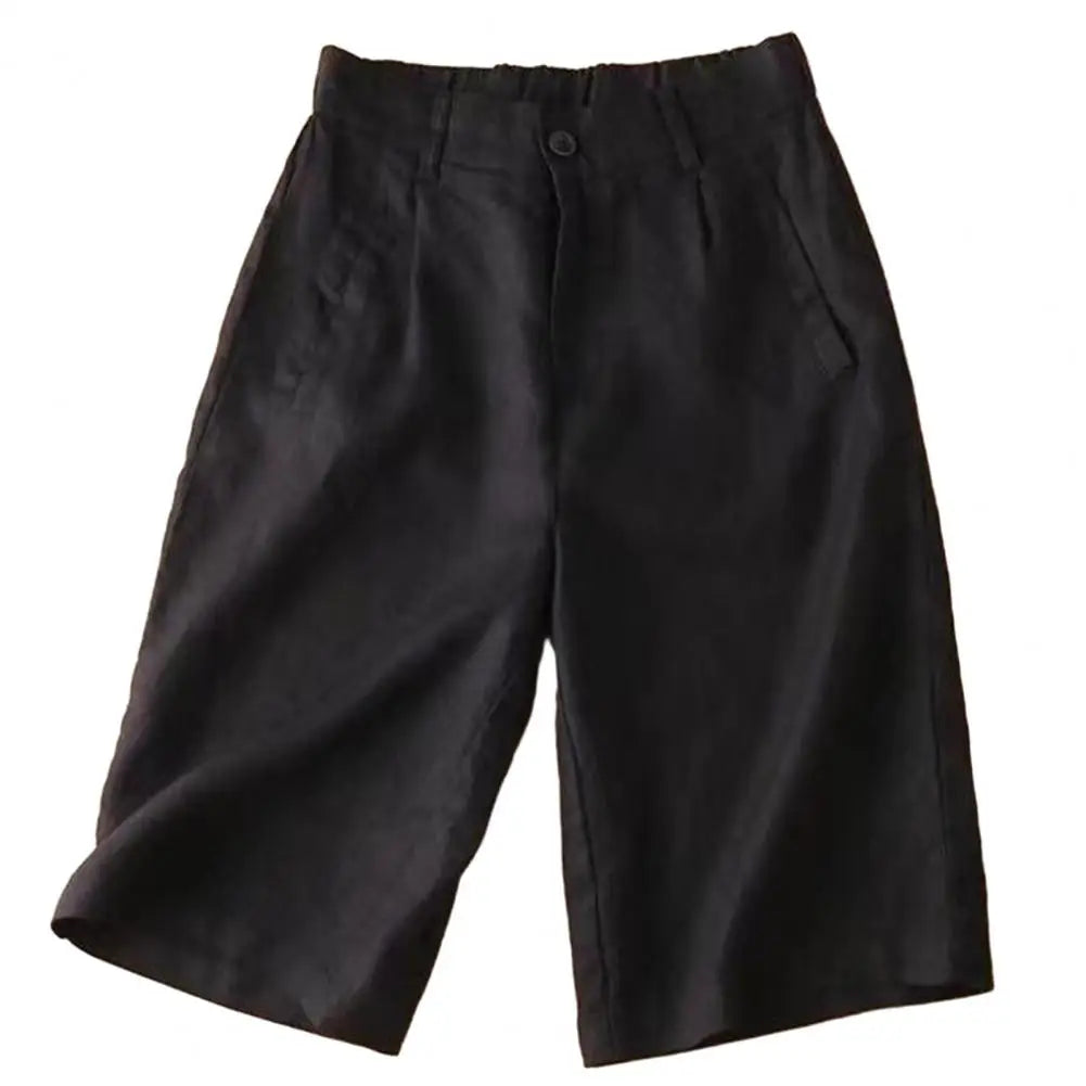 Cotton Linen Women Suit Shorts Elastic Waistband Women Shorts High Waist Straight Wide Leg A Line Work Shorts Casual Short Pants