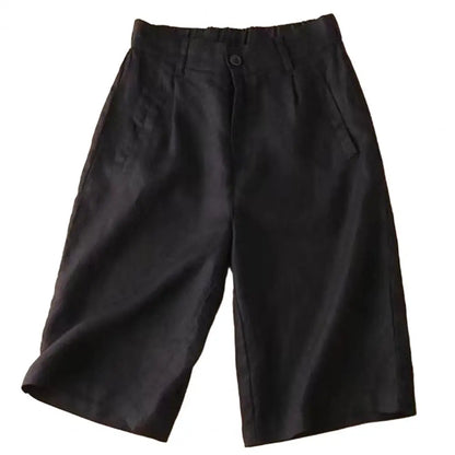 Cotton Linen Women Suit Shorts Elastic Waistband Women Shorts High Waist Straight Wide Leg A Line Work Shorts Casual Short Pants