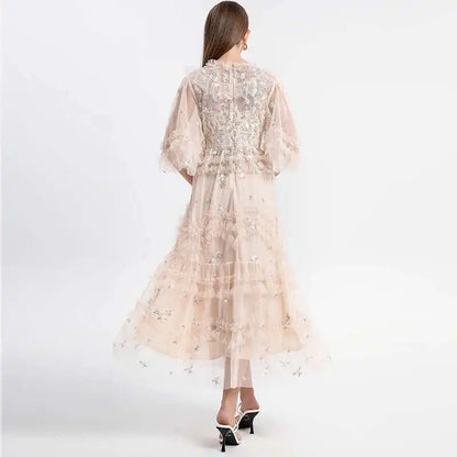 Runway Luxury Long Dresses Women 2025 Summer Holiday Embroidery Flower Ruffles Midi Party Evening Dress Lady Prom Vestidos