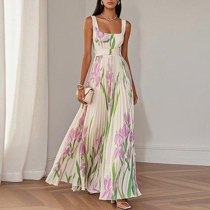 New Women's Sleeveless Straps Summer Dress Elegant Floral Print Pleated Long Dresses Spring Square Collar High Waist Party Dress