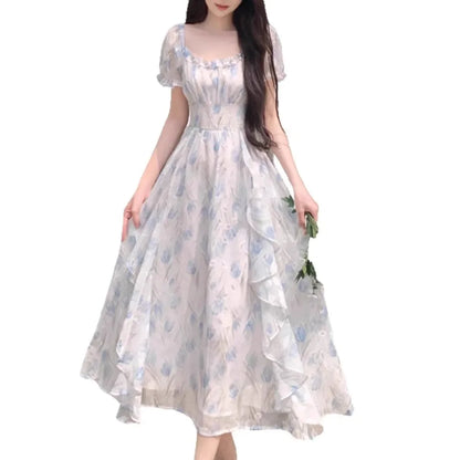 Romantic Floral Chiffon Dress Women's Summer Large Size Waist-Cinching Slimming Fairy Long Dress French Style Square Collar