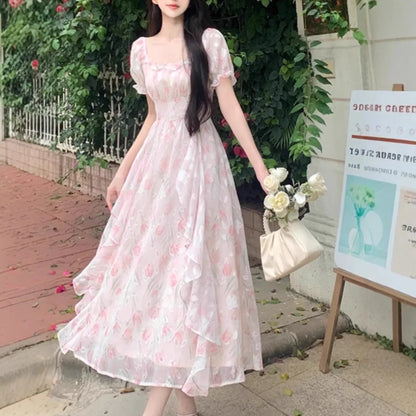 Romantic Floral Chiffon Dress Women's Summer Large Size Waist-Cinching Slimming Fairy Long Dress French Style Square Collar