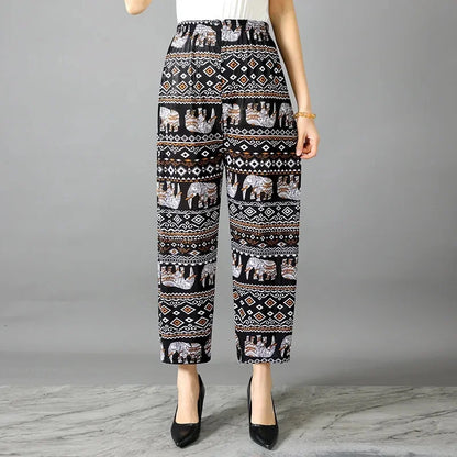 Summer Loose Ice Silk Women's Pants Elastic Waist Casual Bottoming Trousers Large Size Floral Print Comfortable Mom Pants
