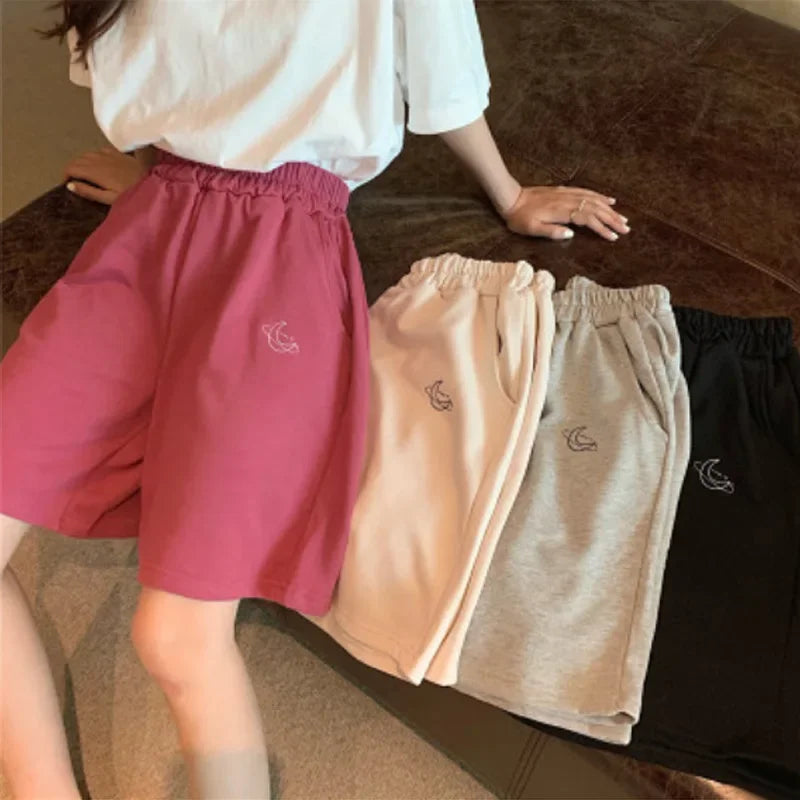 Women's Loose Waist Embroidered Shorts Summer High Waist Wide Leg Casual Five-Quarter Pants Fashionable Korean Style