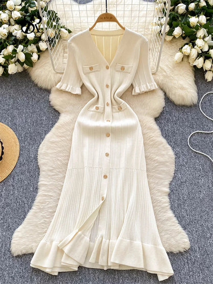 SINGREINY Summer OL Knit Dress 2025 Women V Neck Button Design Slim Mermaid Sundress Fashion Elastic Solid Bohemian Long Dress