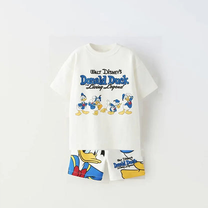New Donald Duck Print T-shirt Shorts Outfit Summer Costume 2 Piece Set Kids Boys Fashion Casual Crewneck Tops+Shorts Tracksuits