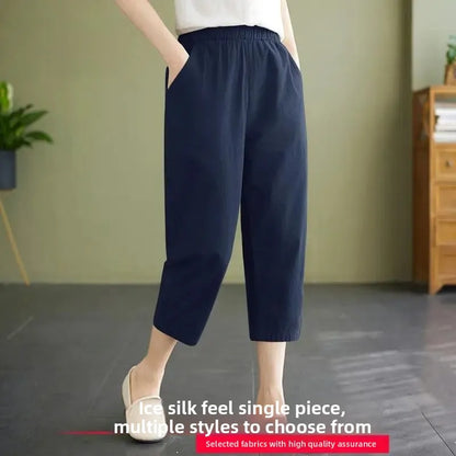 High Waist Ice Silk Sports Seven-Five Pants Casual Wide Leg Women's plus Size Loose Fit Summer Trousers Korean Style