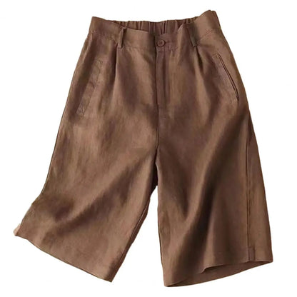 Cotton Linen Women Suit Shorts Elastic Waistband Women Shorts High Waist Straight Wide Leg A Line Work Shorts Casual Short Pants
