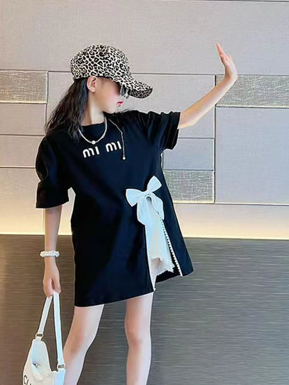 Chic Summer Street Style Mid-Length Girls' T-Shirt, Bow-embellished slit design Children tops for Tween Girl 3-12 Years