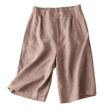 Cotton Linen Women Suit Shorts Elastic Waistband Women Shorts High Waist Straight Wide Leg A Line Work Shorts Casual Short Pants
