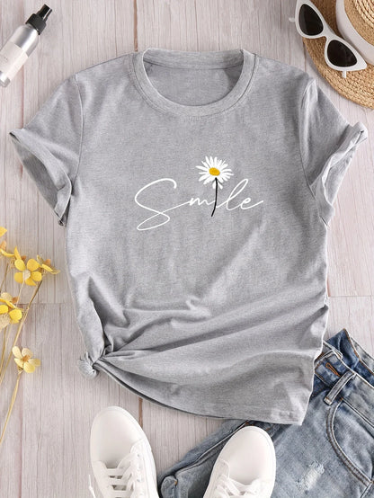 Flower & Letter Print Crew Neck T-Shirt, Casual Short Sleeve T-Shirt For Spring & Summer, Women's Clothing