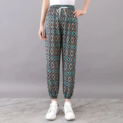 Summer Loose Ice Silk Women's Pants Elastic Waist Casual Bottoming Trousers Large Size Floral Print Comfortable Mom Pants