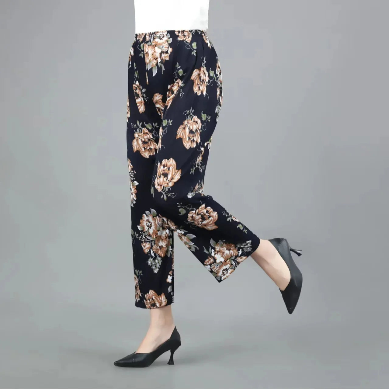 Summer Loose Ice Silk Women's Pants Elastic Waist Casual Bottoming Trousers Large Size Floral Print Comfortable Mom Pants