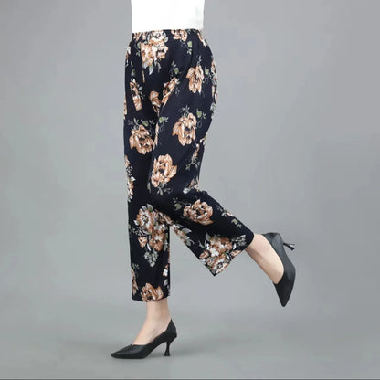 Summer Loose Ice Silk Women's Pants Elastic Waist Casual Bottoming Trousers Large Size Floral Print Comfortable Mom Pants