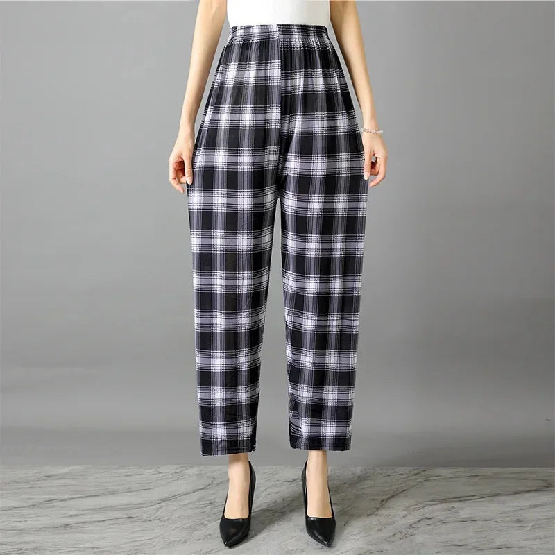 Summer Loose Ice Silk Women's Pants Elastic Waist Casual Bottoming Trousers Large Size Floral Print Comfortable Mom Pants