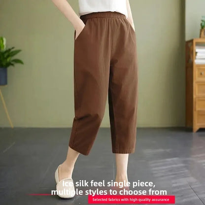High Waist Ice Silk Sports Seven-Five Pants Casual Wide Leg Women's plus Size Loose Fit Summer Trousers Korean Style