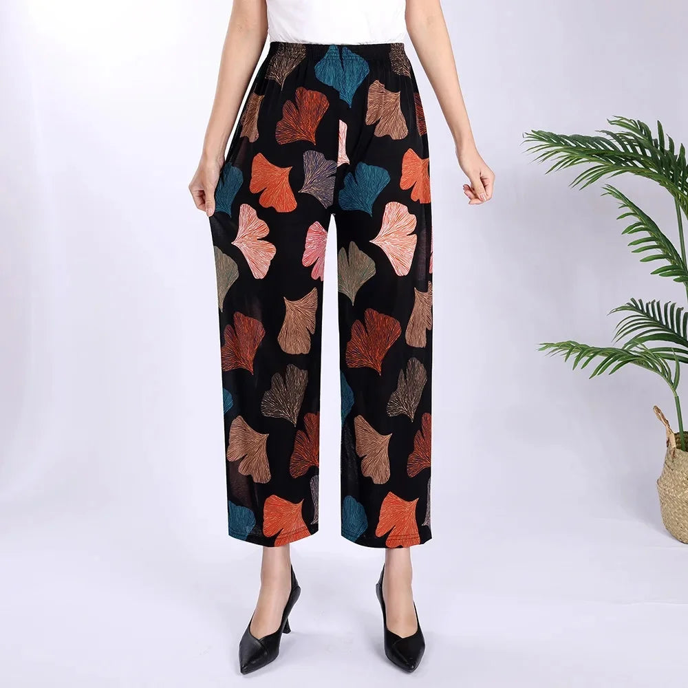 Summer Loose Ice Silk Women's Pants Elastic Waist Casual Bottoming Trousers Large Size Floral Print Comfortable Mom Pants