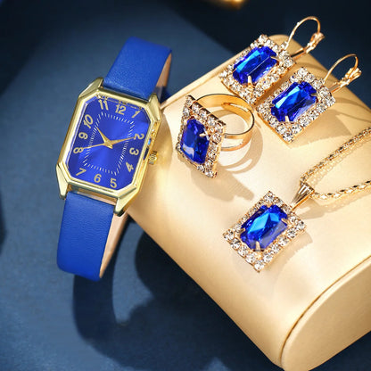 5/4/1PC Square Women Watches Set Leather Strap Ladies Quartz Wristwatch Ring Necklace Earrings Bracelet Jewelry Set Gift (No Box