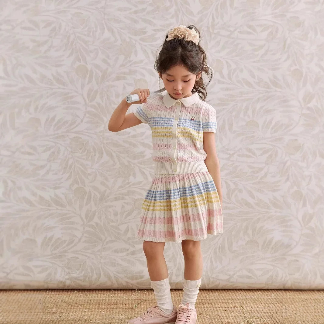 Girls Summer Dress Children's Stripe Short Sleeve Princess Skirt Set Casual Thin Material New 2025 Fashionable Kids Outfit
