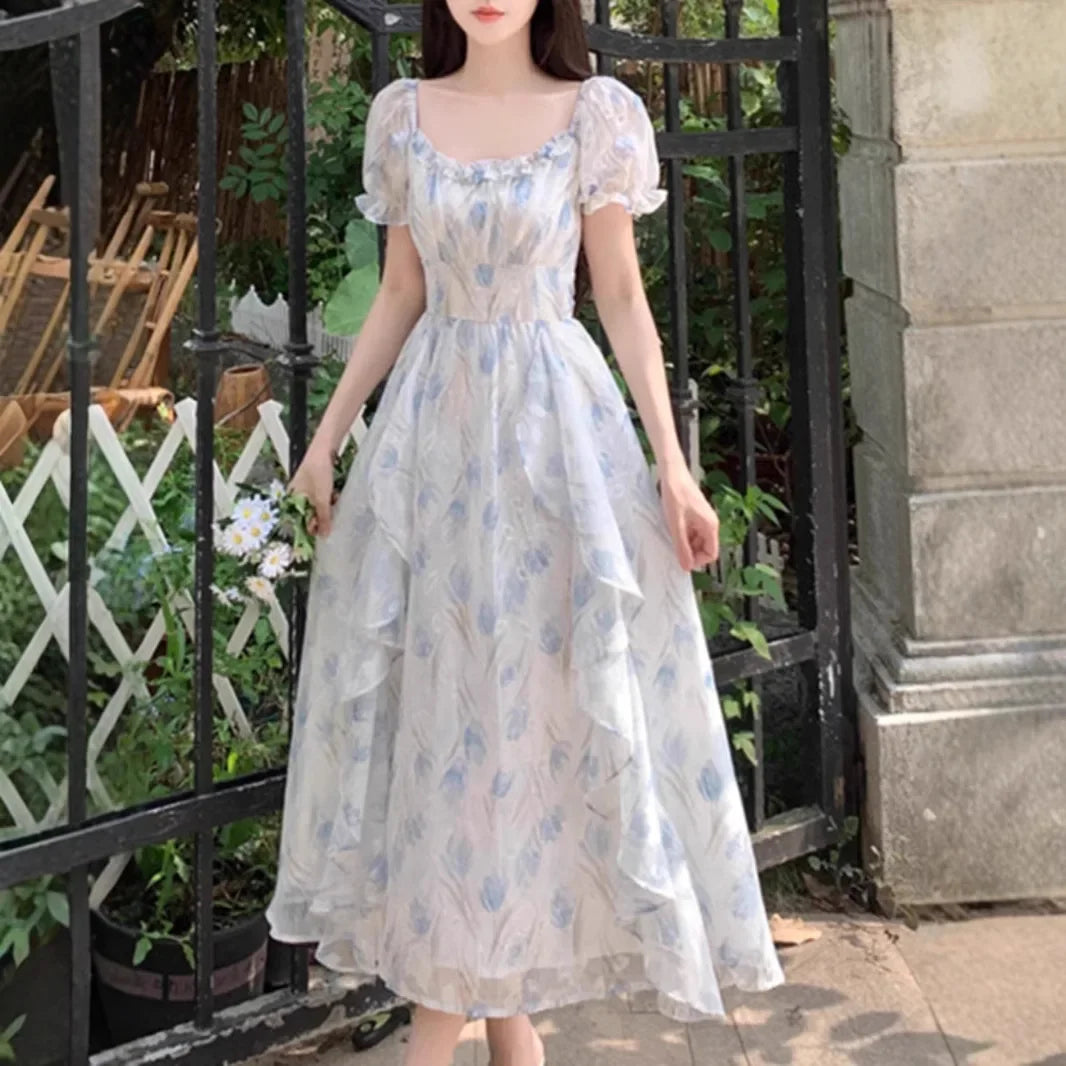Romantic Floral Chiffon Dress Women's Summer Large Size Waist-Cinching Slimming Fairy Long Dress French Style Square Collar