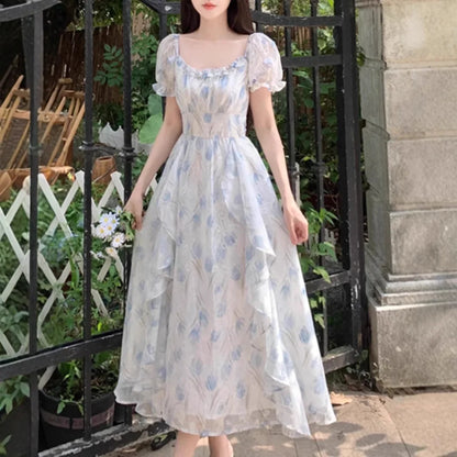 Romantic Floral Chiffon Dress Women's Summer Large Size Waist-Cinching Slimming Fairy Long Dress French Style Square Collar