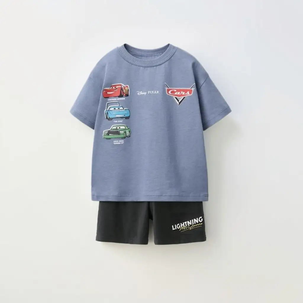 Cartoon Car Tshirt+shorts 2pcs Kids Boys Trendy Round Neck Tees Thin Casual Loose Shorts Short Sleeve Tracksuits For Children