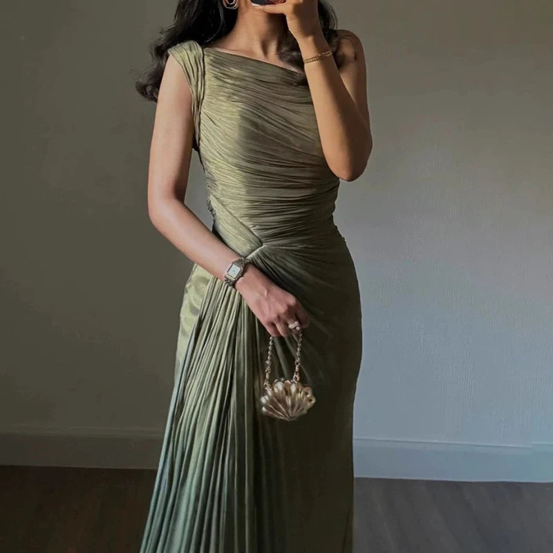 Elegant Dress for Women Off Shoulder Sleeveless Chic Evening Dresses Spring Summer 2025 Female Fashion High Waist Party Dress