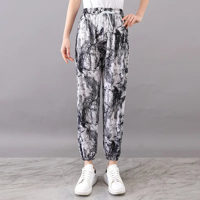 Summer Loose Ice Silk Women's Pants Elastic Waist Casual Bottoming Trousers Large Size Floral Print Comfortable Mom Pants
