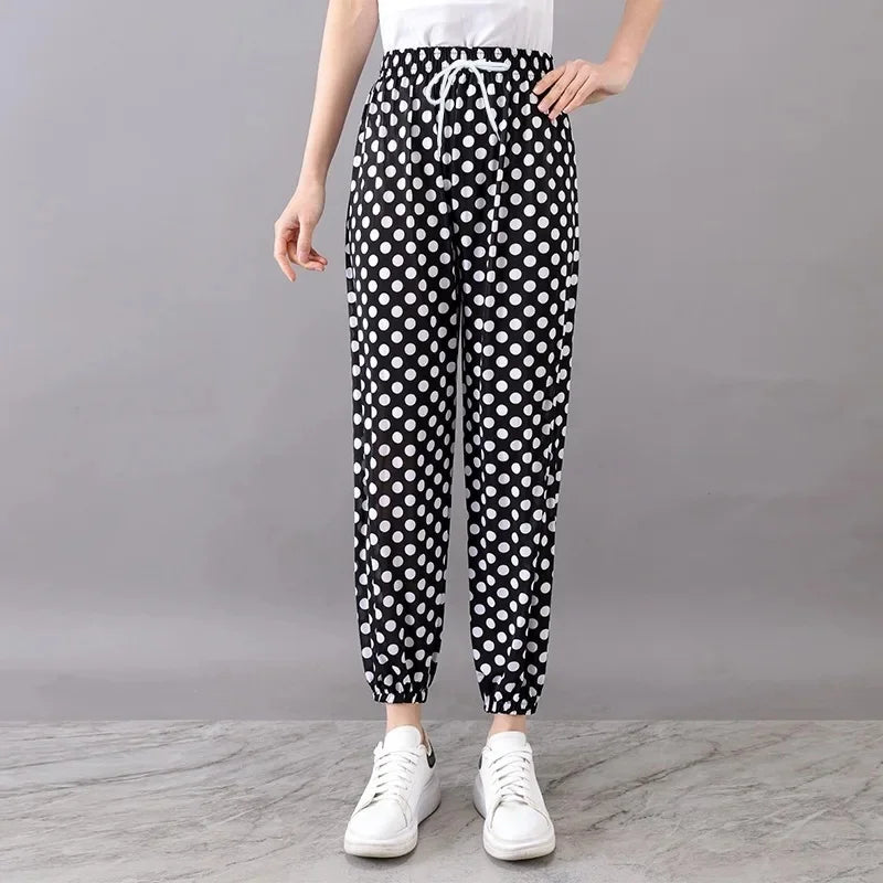 Summer Loose Ice Silk Women's Pants Elastic Waist Casual Bottoming Trousers Large Size Floral Print Comfortable Mom Pants