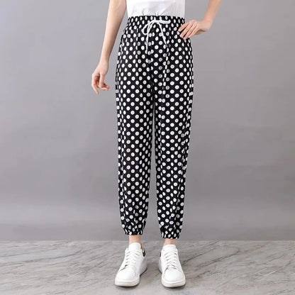 Summer Loose Ice Silk Women's Pants Elastic Waist Casual Bottoming Trousers Large Size Floral Print Comfortable Mom Pants