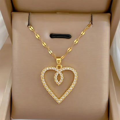 Trendy Heart Stainless Steel Zirconia Necklaces For Women Girls Love Gold Color Metal Necklace Party Birthday Daily Jewelry