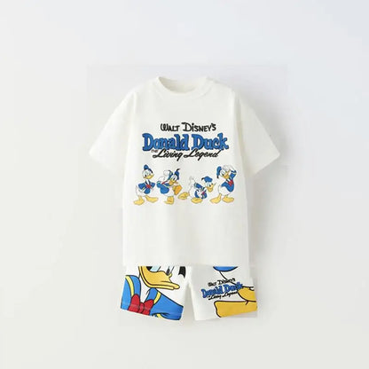 New Donald Duck Print T-shirt Shorts Outfit Summer Costume 2 Piece Set Kids Boys Fashion Casual Crewneck Tops+Shorts Tracksuits
