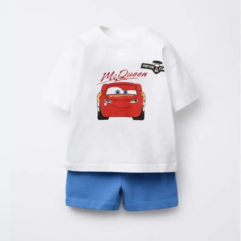 Cartoon Car Tshirt+shorts 2pcs Kids Boys Trendy Round Neck Tees Thin Casual Loose Shorts Short Sleeve Tracksuits For Children