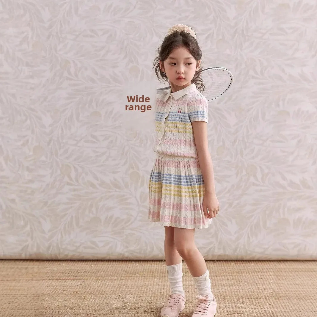 Girls Summer Dress Children's Stripe Short Sleeve Princess Skirt Set Casual Thin Material New 2025 Fashionable Kids Outfit
