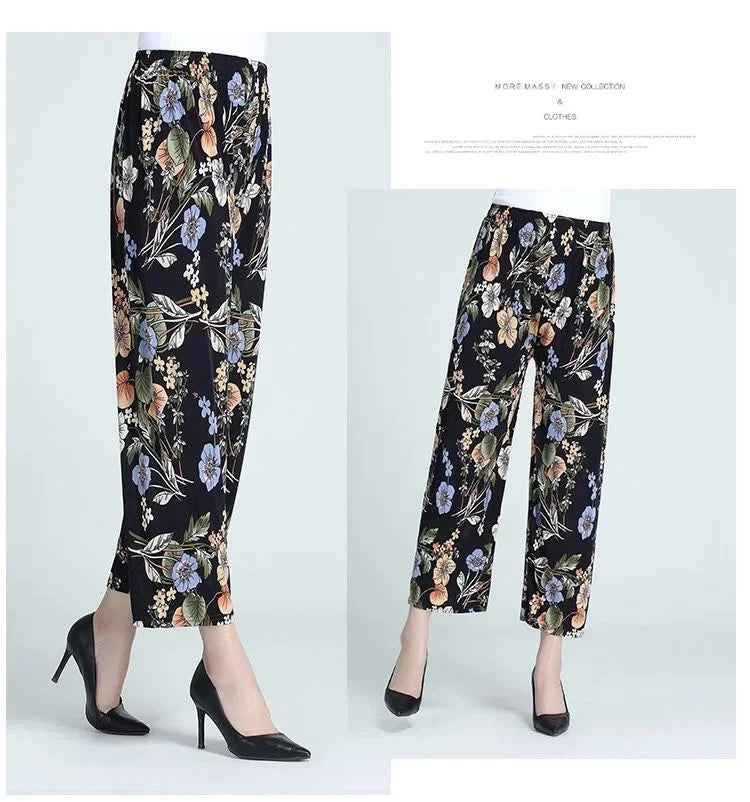 Summer Loose Ice Silk Women's Pants Elastic Waist Casual Bottoming Trousers Large Size Floral Print Comfortable Mom Pants